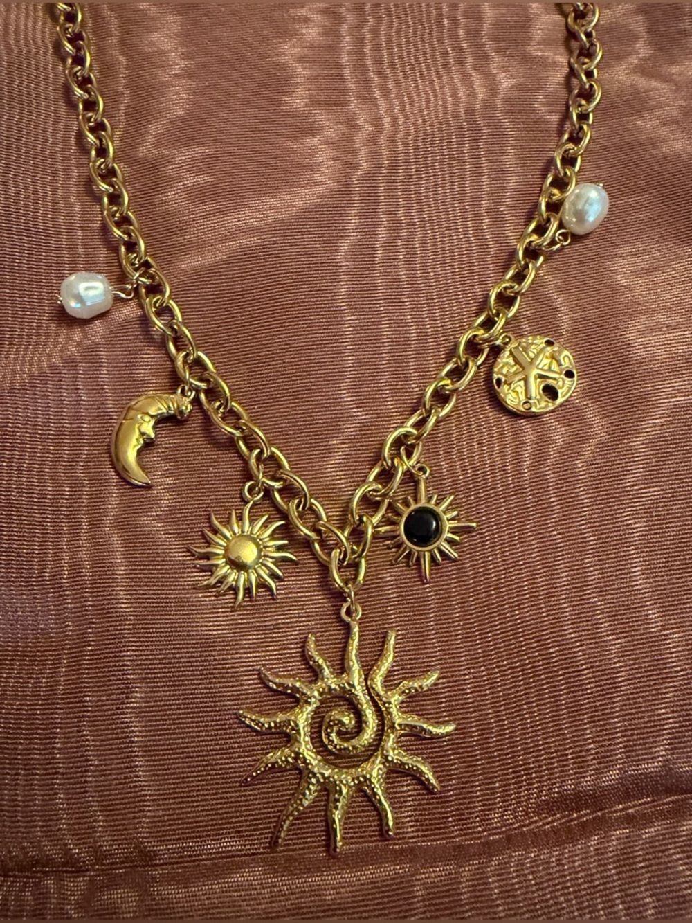 Gold Sun Charm Necklace with Pearl Accents - Women Jewelry NWOT - Picture 2 of 6
